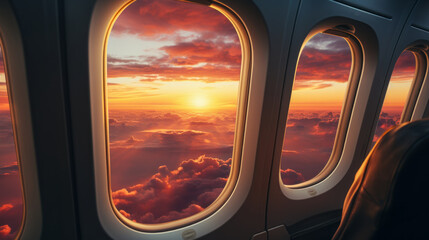 Wall Mural - window view of an airplane with amazing sunset and cloudy sky