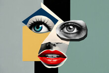 Surreal Woman's Face With Beautiful Eyes And Red Lips. Contemporary Art Collage. Generative AI