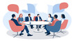 Discussion conference. People of different ages sit and discuss on chairs around a round table. Vector illustration.