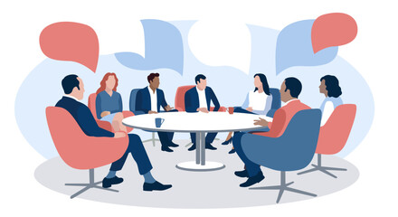 Discussion conference. People of different ages sit and discuss on chairs around a round table. Vector illustration.