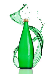 Wall Mural - Bottle of sparkling healthy water with splashes on white background