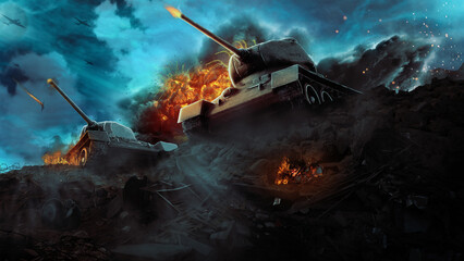 Wall Mural - Two battle tanks in a hot flame at the wreckage of destroyed locality