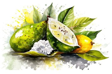 Wall Mural - Illustration of various fruits painted in watercolor on a blank white canvas