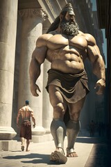 Giant Titans of the Ancient Greece Of great height warrior gods walking near ancient Greece Buildings realistic body proportions octane render HDR extremely realistic photorealistic body and face 