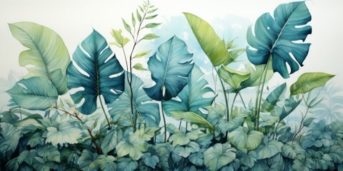 Tropical plants and palm trees, for texture background photo wallpaper. Wallpaper illustration painted in watercolour. Generative AI image. 	