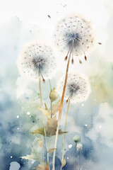  White fluffy watercolor dandelions, on a light background. Generative AI.