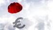 an euro symbol drops to the ground with the aid of a parachute