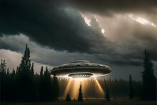 Angle Wide Photographie A Big Alien Starship Comes Out Of The Clouds Over The Russian Taiga Storm Flashes Hyper Realistic Hyper Detailed Volumetric Light Cinematic Shot Photos Taken By Hasselblad 