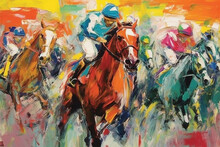 Fine Art Oil Painting Of Horse Racing. Race-riding Sport Jockeys Competition. Oil On Canvas.