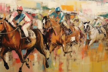  Fine art Oil Painting of Horse Racing. Race-riding sport jockeys competition. Modern mid-century of horse race.