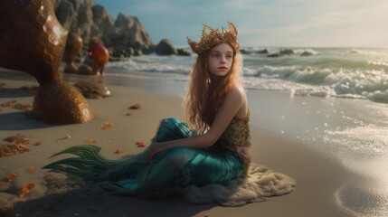 Pretty young girl, in a mermaid costume, sits on the beach