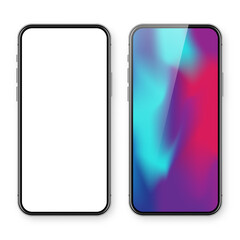 Smartphone with blank touch screen and abstract colorful background, wallpaper. Frameless mobile phone in front view. High quality detailed device mockup. Vector illustration