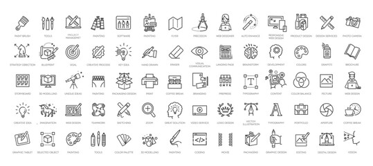 Set of thin line web icons of graphic design and project workflow