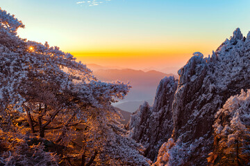 Sticker - Winter sunrise landscape in Huangshan National park. China.