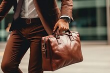 Cropped image of a young businessman holding a leather briefcase while walking outdoors