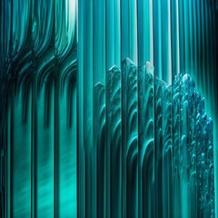 Wall Mural - fluted glass panel over a background illuminated in turquoise and teal gradients 