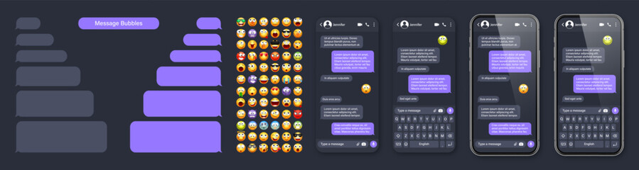 Smartphone messaging app, user interface with emoji. SMS text frame. Chat screen, violet message bubbles. Texting app for communication. Social media application. Dark mode. Vector illustration