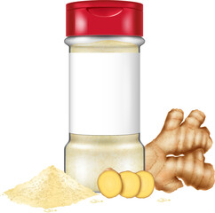 Wall Mural - Bottle of ginger powder and ginger root isolated on white background. Vector illustration.