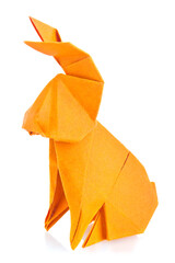 Canvas Print - Orange easter bunny of origami, isolated on white background