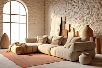 Beige sofa against of arched window. Rustic interior design of modern living room with stone cladding walls. Created with generative AI