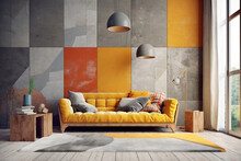 Vibrant Yellow Velvet Sofa Against Of Colorful Tiles Wall Paneli