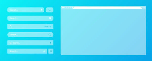 Fototapete - Blank transparent internet browser window with various search bar templates. Web site engine with search box, address bar and text field. UI design, website interface elements. Vector illustration