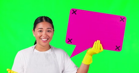 Canvas Print - Asian woman, cleaner and speech bubble in surprise on green screen for social media against a studio background. Portrait of female person or maid with icon for FAQ, chat or comment on mockup space