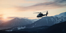 Rescue Helicopter Flying In The Sky Above The High Mountain Range,