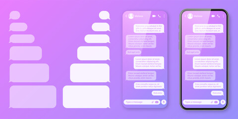 Realistic smartphone with messaging app on colorful violet background. Blank SMS text frame. Chat screen with transparent message bubbles. Social media application. Vector illustration