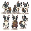 boston terrier character multiple poses and expressions children book wearing a small hiking backpack no outline 
