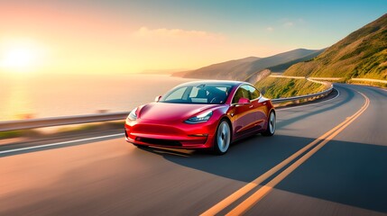 Red electric car driving on a highway in the summer, mountains and ocean in the background