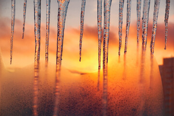 Poster - Icicles on the background of the blazing gold sunset