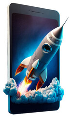 Rocket on mobile screen on transparent PNG background, startup concept, digital illustration. Generative AI