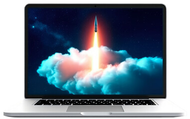 Wall Mural - rocket on laptop screen on png transparent background, startup concept, digital illustration. genera