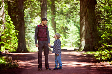 Poster - family of two, father and son, hiking in the forest in glacier national park, washington, usa