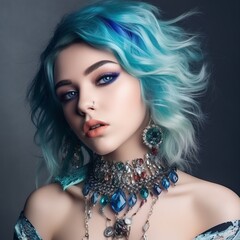 Portrait of a beautiful young woman with blue hair and jewelry. Jewelry and beauty. Portrait of a beautiful girl. Fashion portrait of beautiful model  with professional makeup and stylish hairstyle.