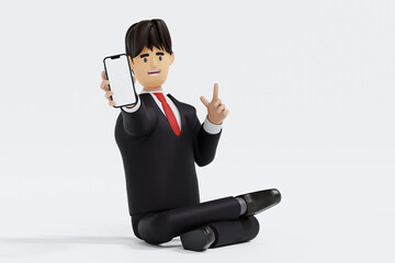 Wall Mural - Businessman show smartphone and pointing at the empty space, isolated on white, app presentation, 3D rendering.