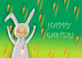 Sticker - Colorful Happy Easter greeting card with rabbit boy and carrots