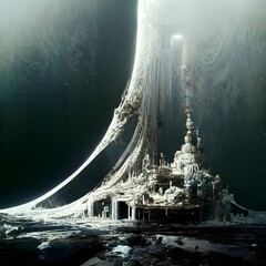 fluid sculptural organic architecture space debtis crazy perspective multiple levels destroyed space station moody atmosphere metal volumetric light intricate details render 3d horror 