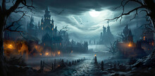 Graveyard Cemetery To Castle In Spooky Scary Dark Night Full Moon And Bats On Dead Tree. Holiday Event Halloween Banner Background Concept.