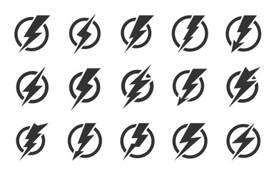 Thunderbolt in the circle icon set. Storm climate weather sign. Dander energy power charge symbol. Thundershock zigzag arrow. Lightning bolt flash. Thunder strike electricity black round pictogram