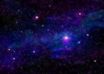 Wall Mural - night sky with stars and purple blue nebula. space background. raster illustration.