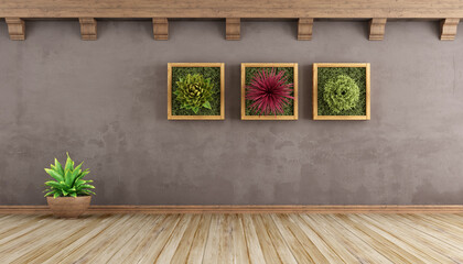 Wall Mural - Retro living room with brown wall and plants on wall - 3d rendering