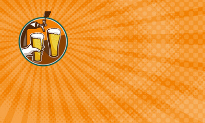 Business card showing Illustration of two glass full pint of beer with hand holding and tap in background set inside circle.