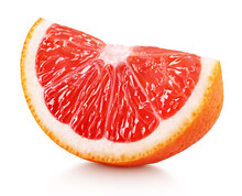 Ripe Slice Of Pink Grapefruit Citrus Fruit Isolated On White Background With Clipping Path