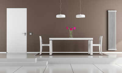 Wall Mural - Two levels dining room with with white table and chairs - 3d rendering