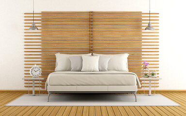 Wall Mural - Minimalist master bedroom with white double bed and decorative wooden panel - 3d rendering