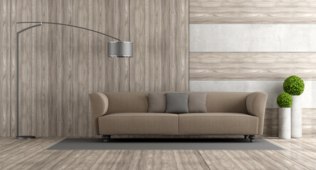 Wall Mural - Wooden and concrete living room with sofa and floor lamp- 3d rendering