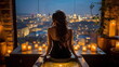 beautiful woman sit on modern cozy bedroom with view on terrasse and night city blurred light in windows