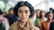 © wetzkaz - horrified in queue, bureaucracy or airport, fictional place, multiracial or indian, scarf, short hairstyle, curly hair